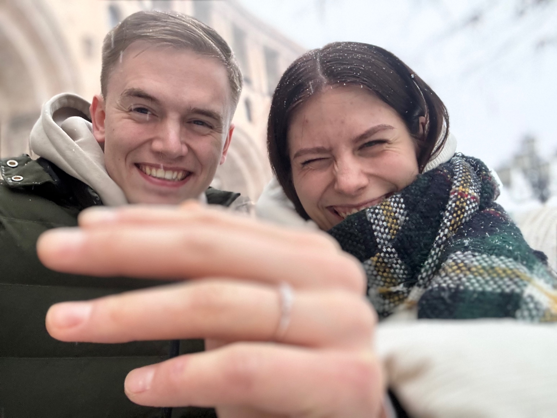 Noel-Raphael and Yana smiling after the proposal